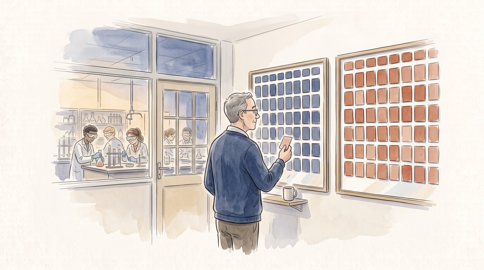 Le responsable de l’emploi du temps se tient, une carte à la main, entre deux tableaux presque identiques, l’un en cartes bleues, l’autre en terre cuite ; derrière une porte vitrée, des élèves travaillent au laboratoire.