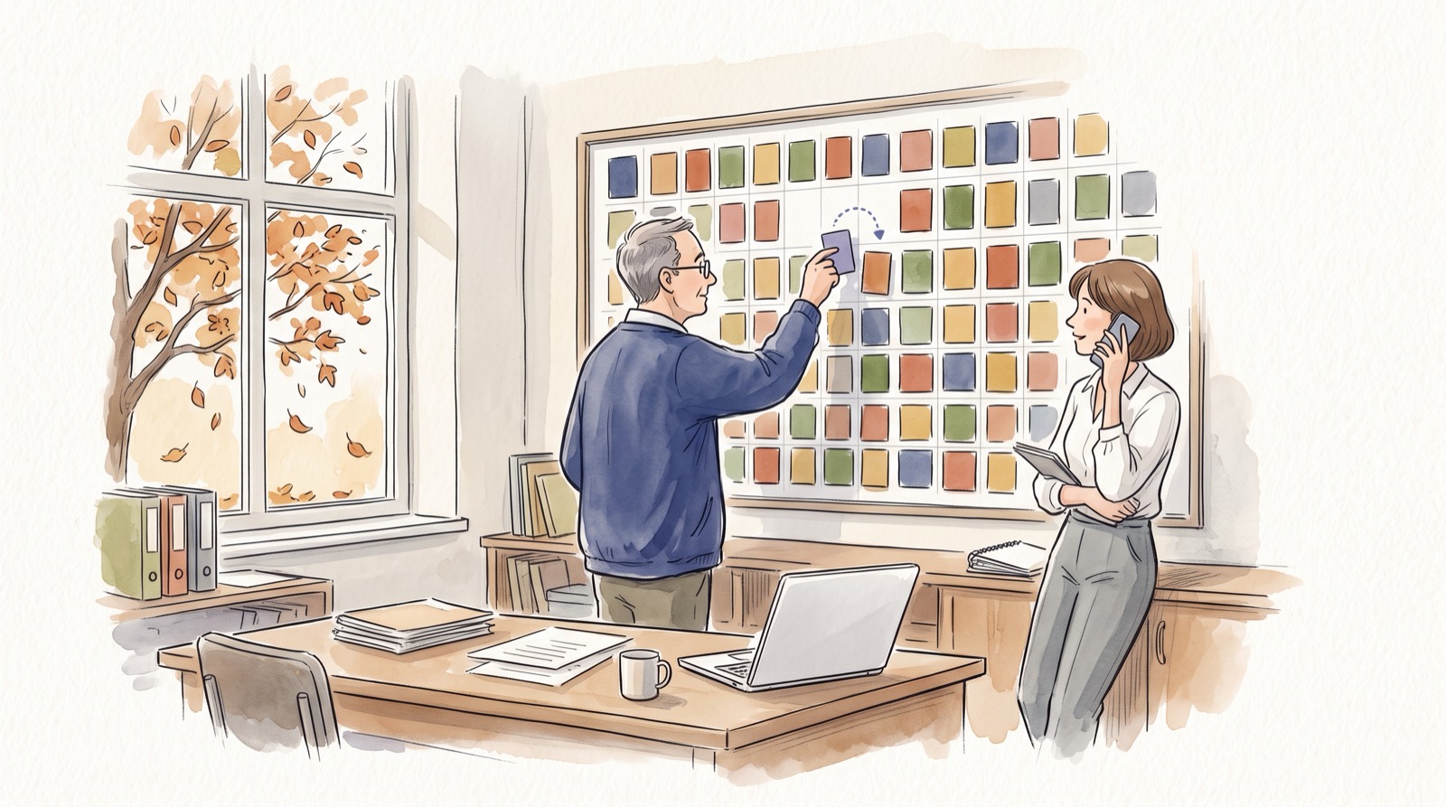 Un après-midi d’automne, le responsable de l’emploi du temps déplace une seule carte sur le tableau plein, toutes les autres restent en place, et une collègue au téléphone acquiesce à côté de lui.