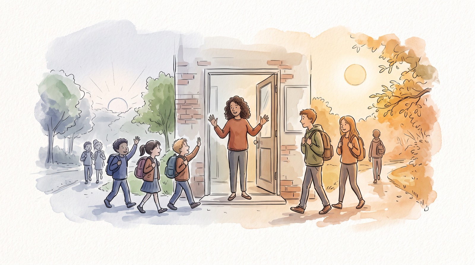 Une porte d’école à deux moments de la journée : à gauche des enfants plus jeunes partent dans la lumière fraîche du matin, à droite des élèves plus âgés arrivent dans l’après-midi chaude, et une enseignante sur le seuil salue les deux groupes.