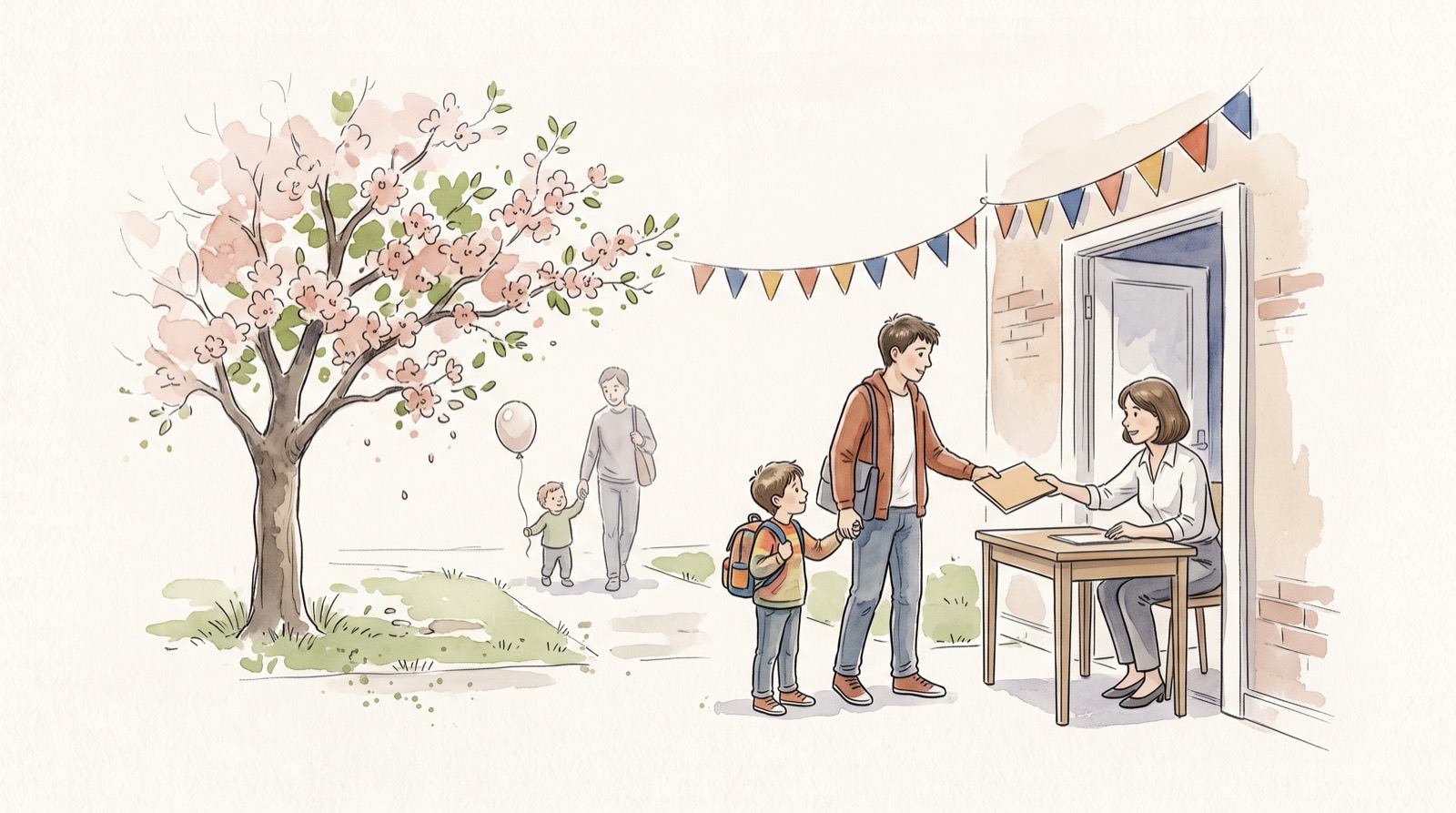 Un matin de printemps à l'entrée de l'école, sous des fanions et un arbre en fleurs : une employée reçoit à une table le dossier d'un parent accompagné d'un jeune enfant, une autre famille arrive avec un ballon.