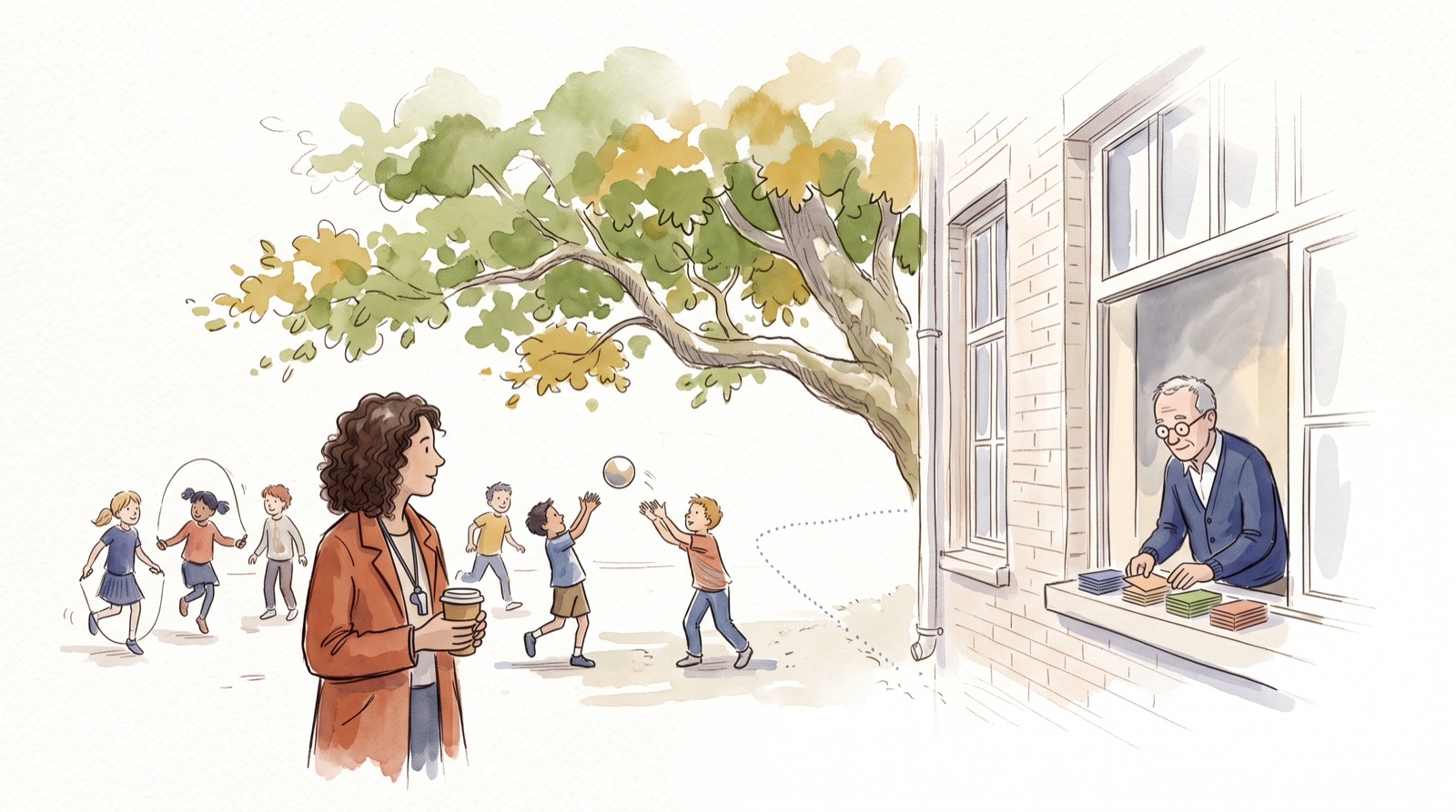 Pause auf dem Schulhof unter einem großen Baum: Eine Lehrerin mit Kaffee führt Aufsicht über Kinder beim Seilspringen und Ballspielen, während der Stundenplaner hinter dem Fenster des Lehrerzimmers gleich hohe Stapel von Aufsichtskarten ordnet.