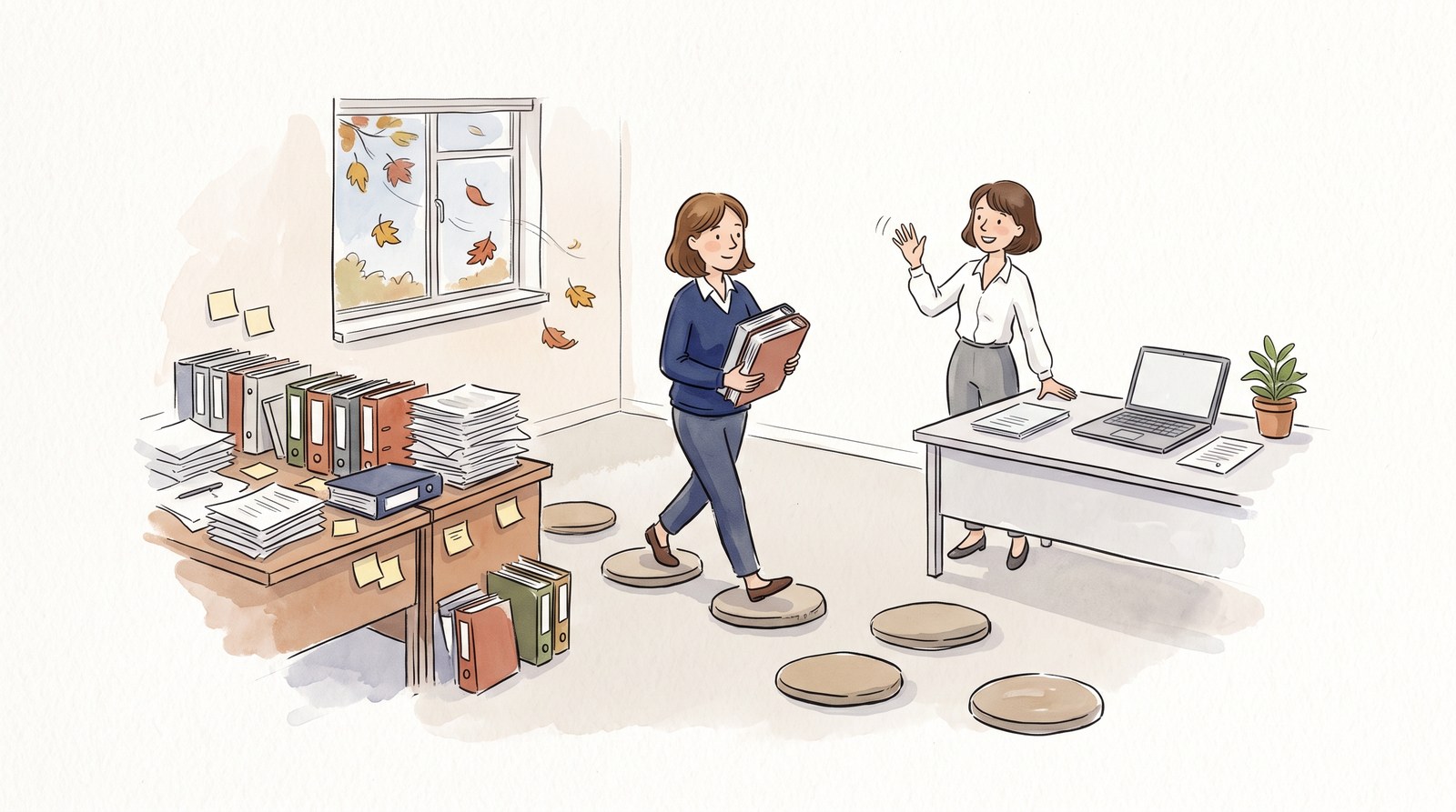 An office administrator carries binders across stepping stones from a desk piled with paper to a tidy desk with a laptop, where a colleague waves; autumn leaves blow past the window.