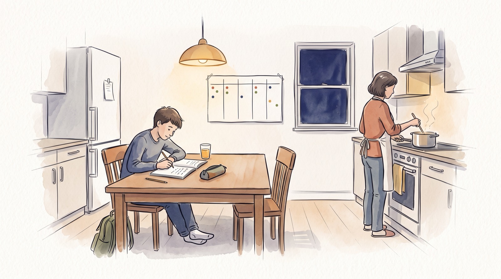 Une soirée calme dans la cuisine familiale : un élève fait ses devoirs à table avec un seul cahier pendant qu’un parent cuisine, et un planning de la semaine au mur montre quelques points répartis régulièrement.