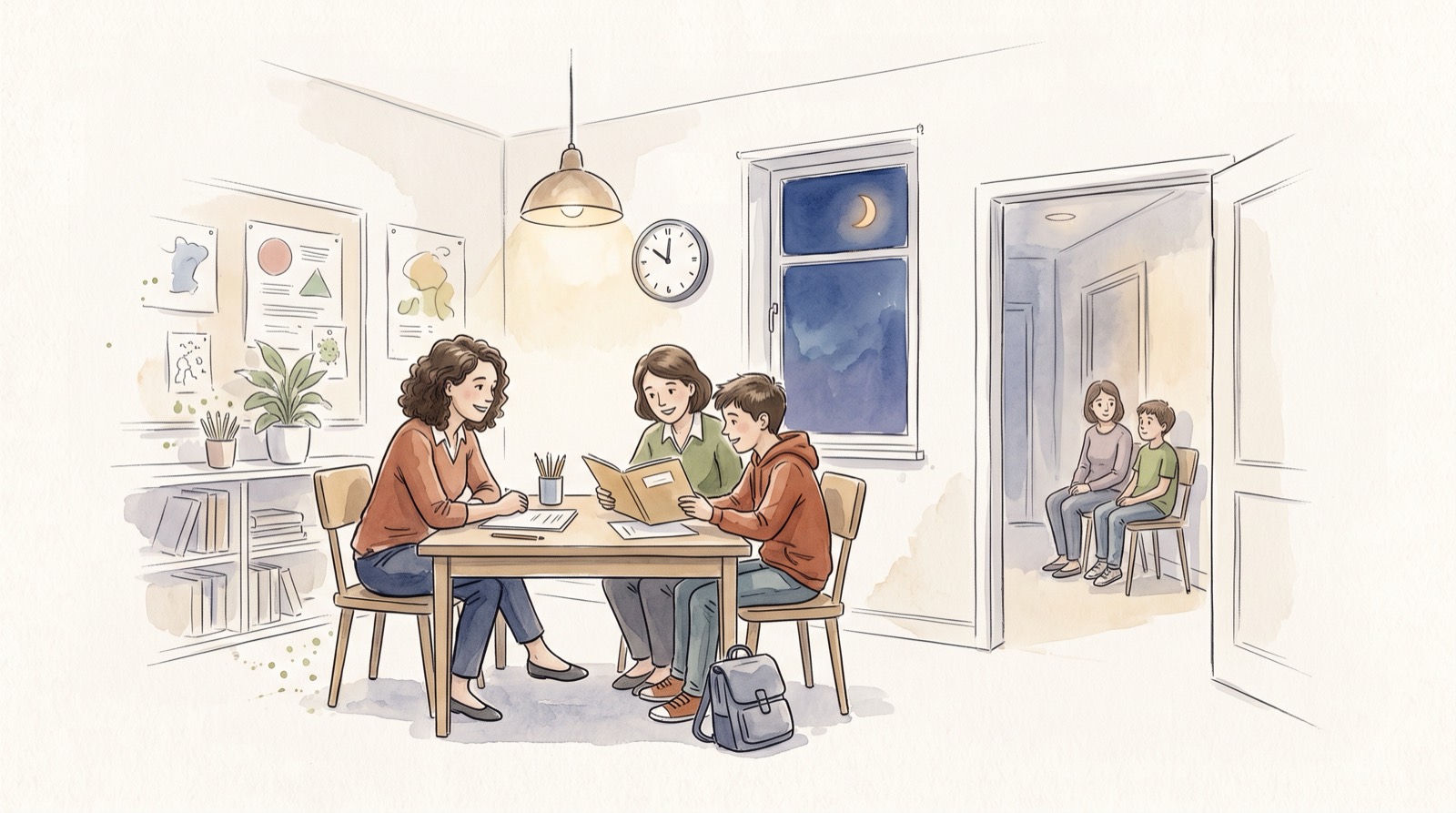Ein Klassenzimmer am Abend, der Mond im Fenster und eine Lampe über dem Tisch: Lehrkraft, Elternteil und Schüler sprechen an einem kleinen Tisch, vor der Tür wartet die nächste Familie auf Stühlen.