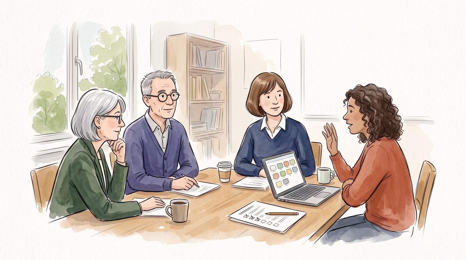 Four colleagues sit round a meeting table facing a laptop that shows coloured blocks; the teacher in a terracotta jumper raises her hand to ask a question, and a checklist with ticks and a pencil lies in front of the administrator.