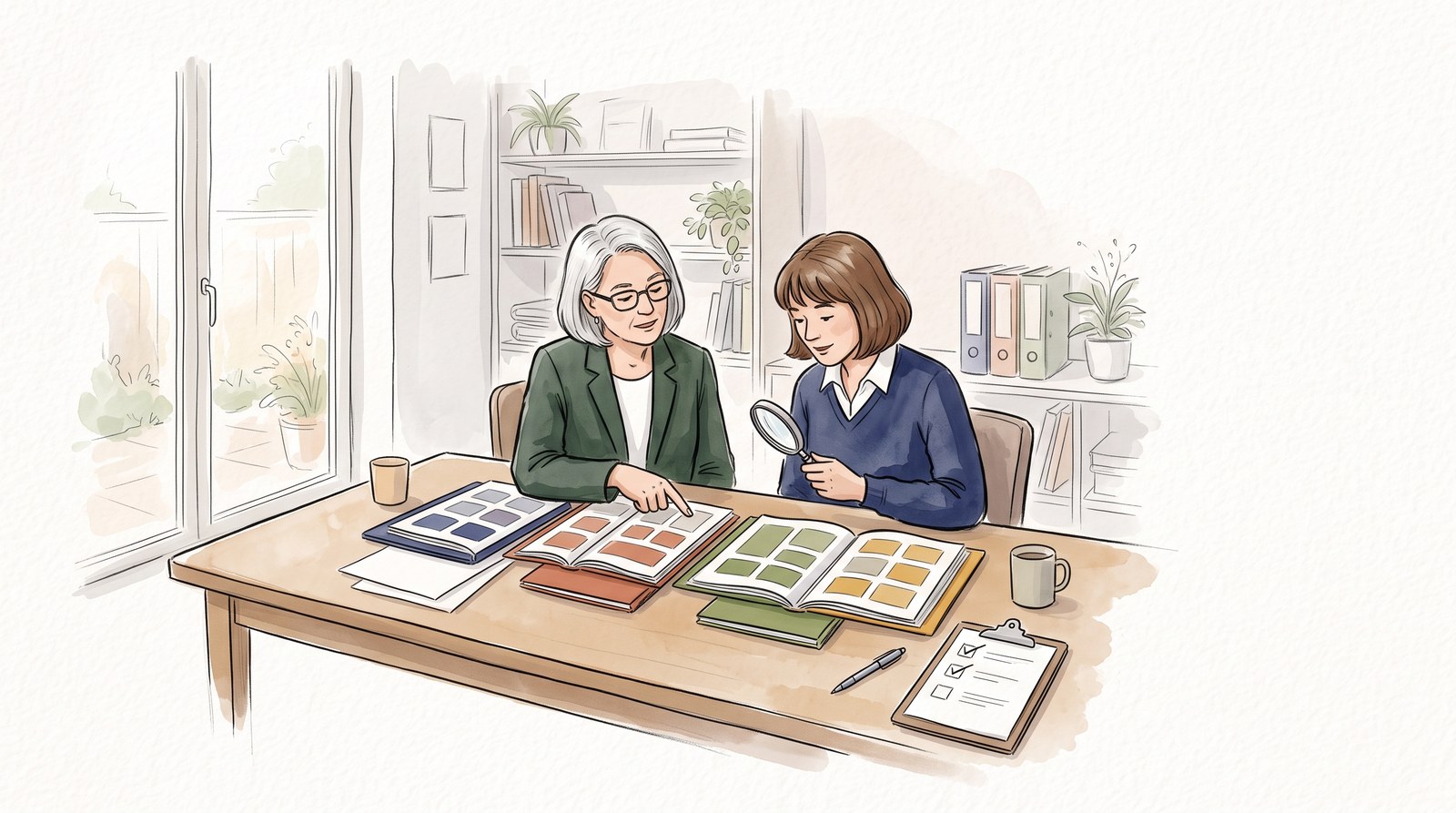 By the window of a bright office, the head and the office administrator compare four open folders with coloured pages: one points at a page, the other holds a magnifying glass, and a clipboard with a tick list lies beside them.