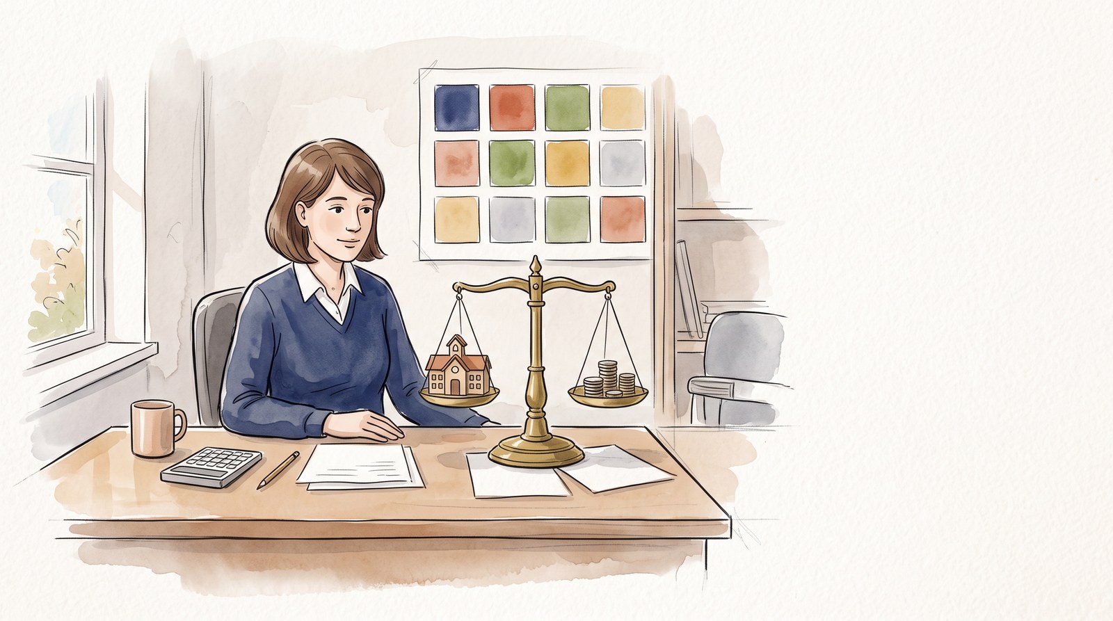 The office administrator sits at her desk beside an old brass balance scale, a model school on one pan and stacks of coins on the other, with a calculator on the desk and a year planner of coloured squares on the wall.