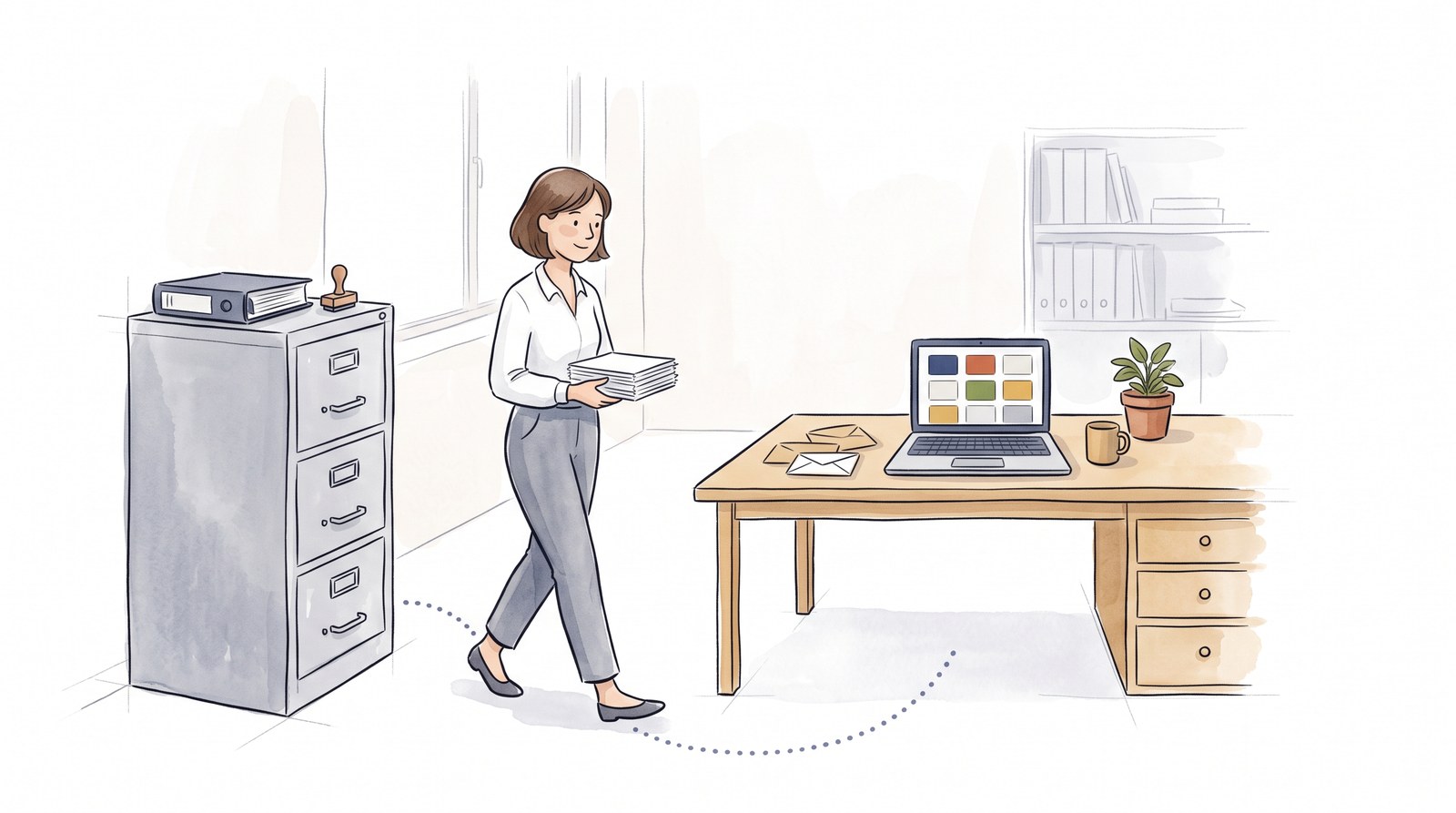 An office colleague carries a stack of paper along a dotted line from a grey filing cabinet with a binder and a stamp to a light desk with a laptop and a plant.