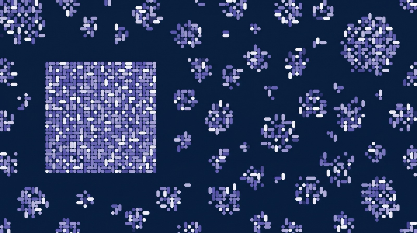 Un bloc dense de petites formes bleues et blanches à côté de nombreux groupes plus petits et dispersés, sur un fond bleu marine.